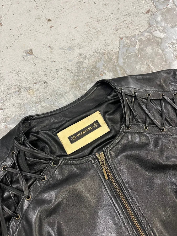 2000s Plein Sud Lace Up Biker Black Leather Jacket VOHLiWh 5