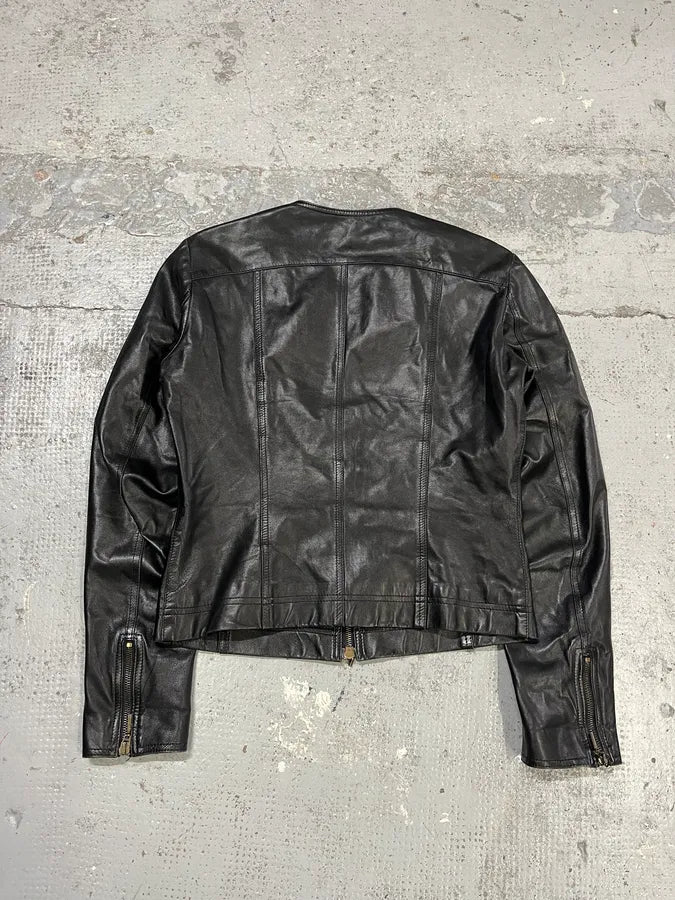 2000s Plein Sud Lace Up Biker Black Leather Jacket VOHLiWh 7