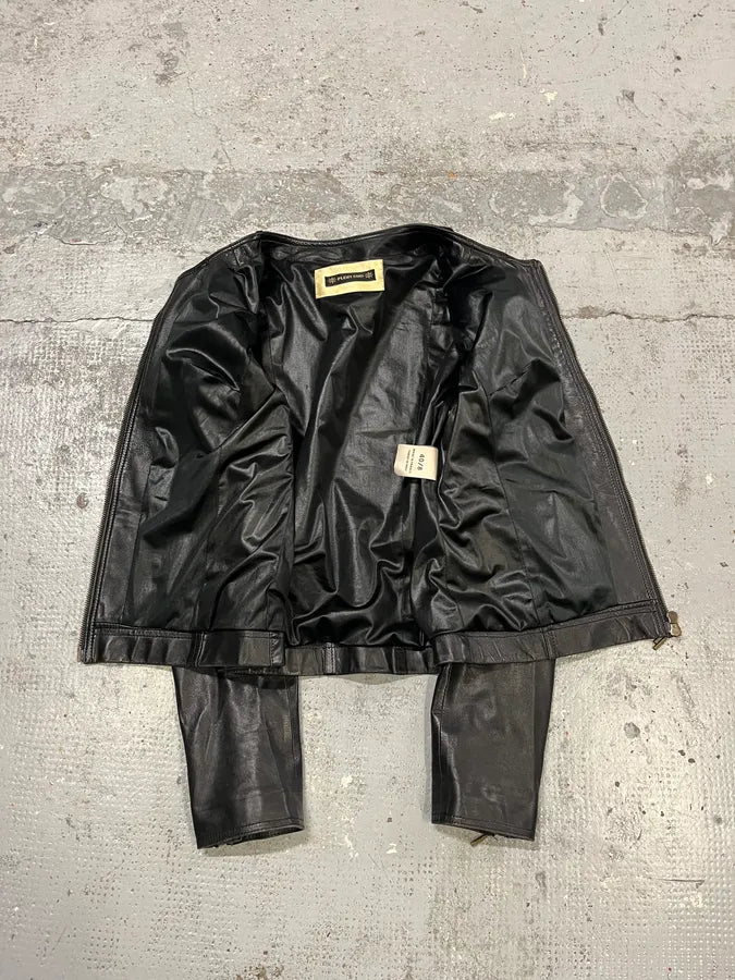 2000s Plein Sud Lace Up Biker Black Leather Jacket VOHLiWh 9