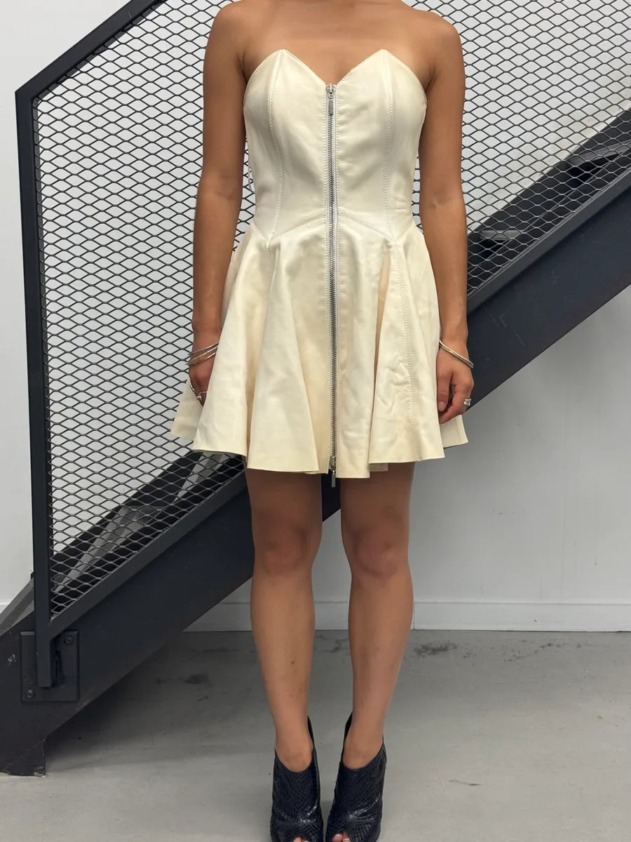 2000s Plein Sud Leather Creme Front Zip Dress  fiXjMCr 0