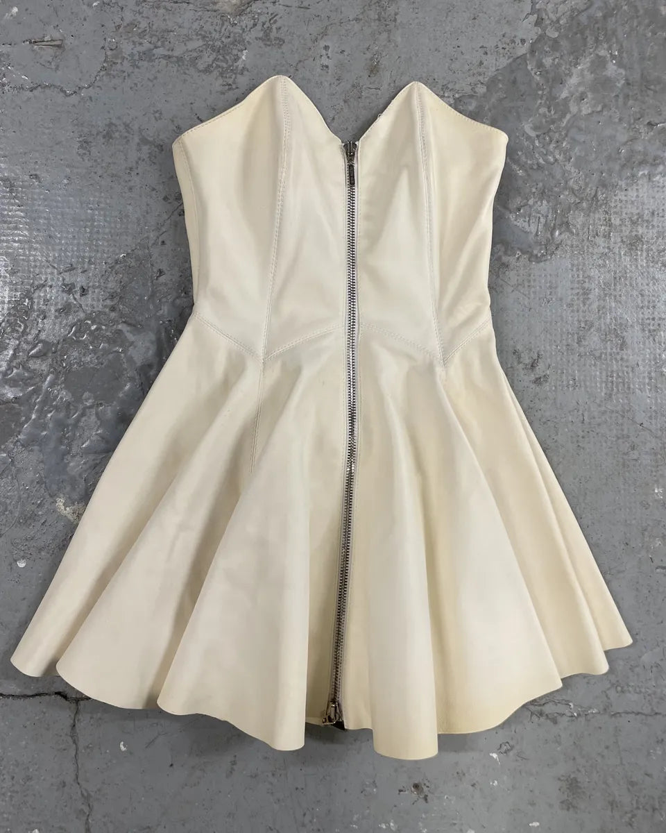 2000s Plein Sud Leather Creme Front Zip Dress  fiXjMCr 0