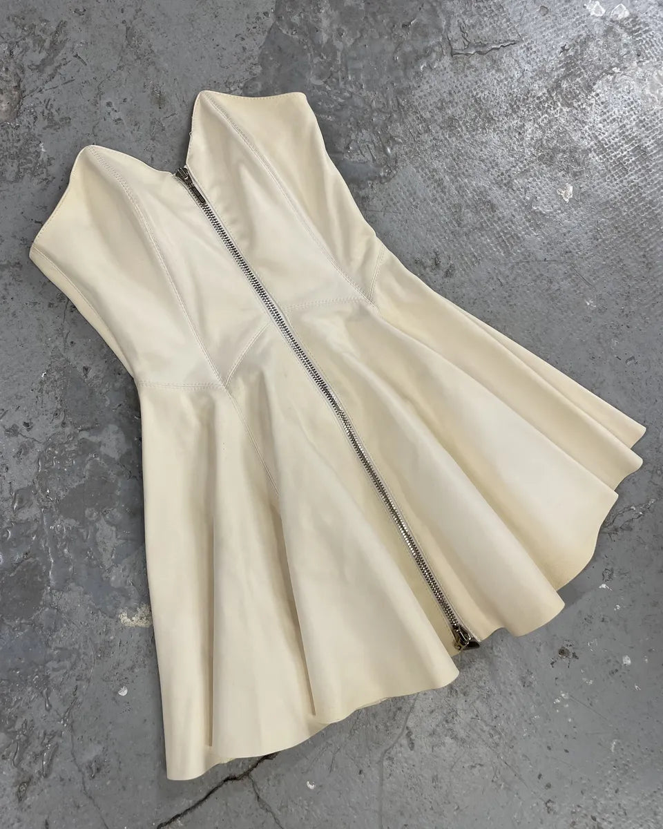 2000s Plein Sud Leather Creme Front Zip Dress  fiXjMCr 4