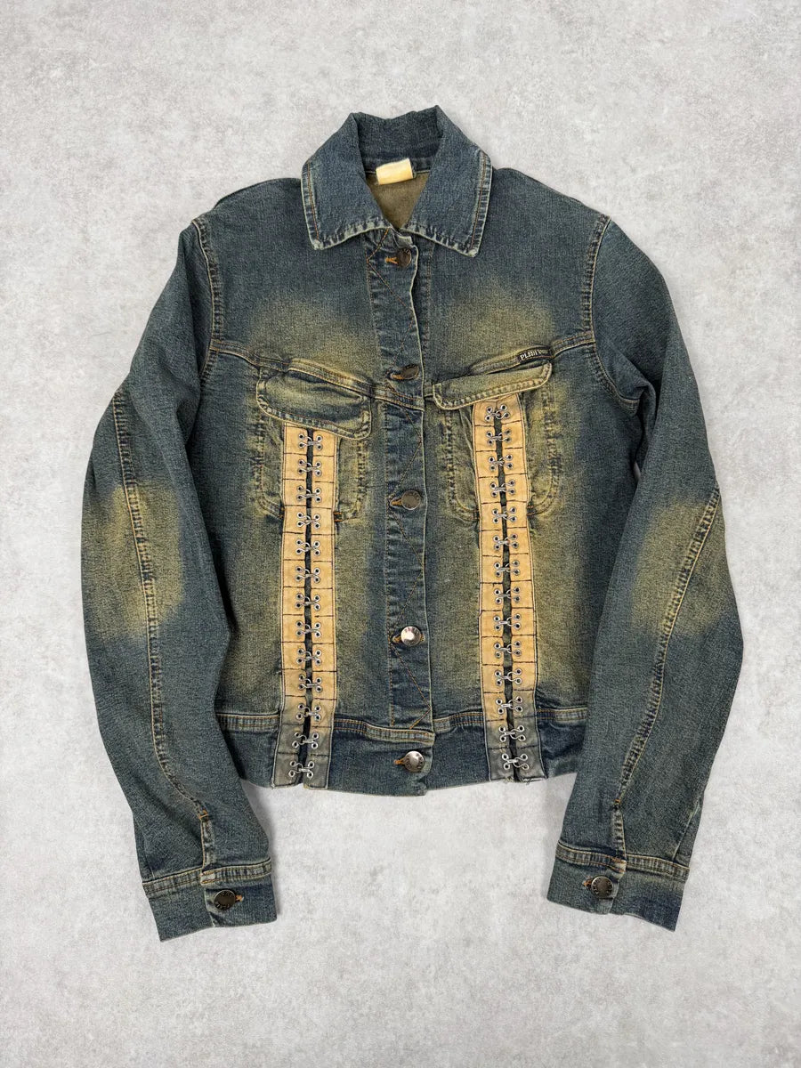 2000s Plein Sud Metal Hook Laced Raw Denim Jacket Sztdxpv 0