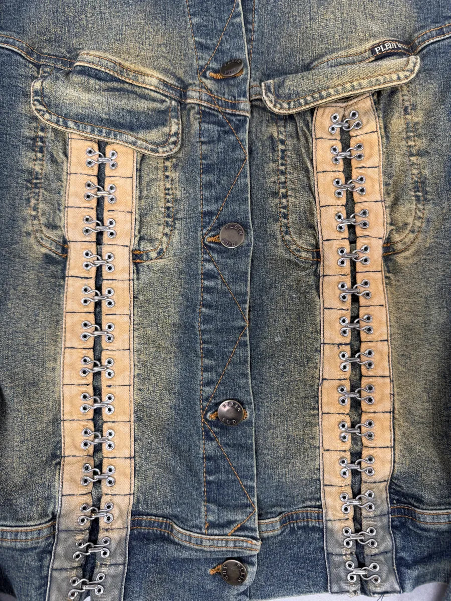 2000s Plein Sud Metal Hook Laced Raw Denim Jacket Sztdxpv 1