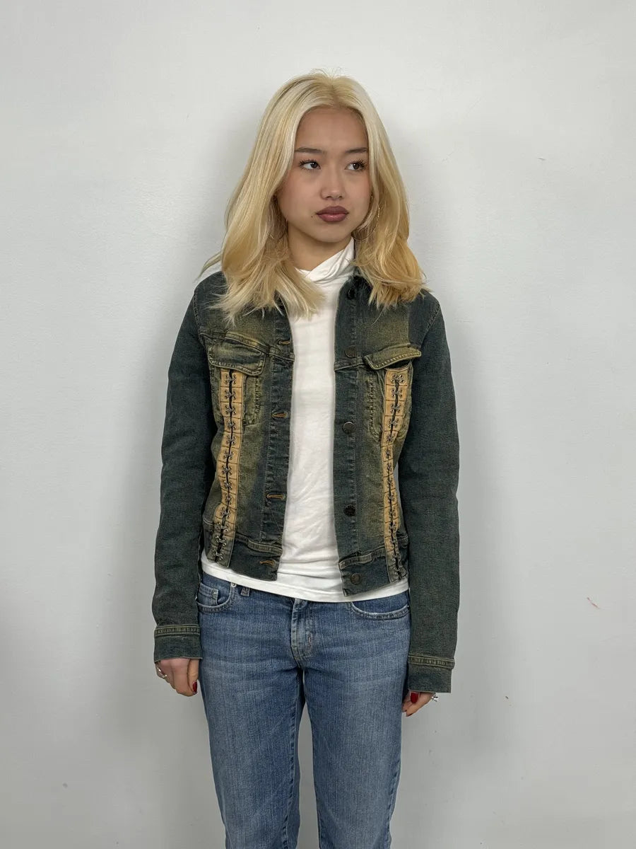2000s Plein Sud Metal Hook Laced Raw Denim Jacket Sztdxpv 3