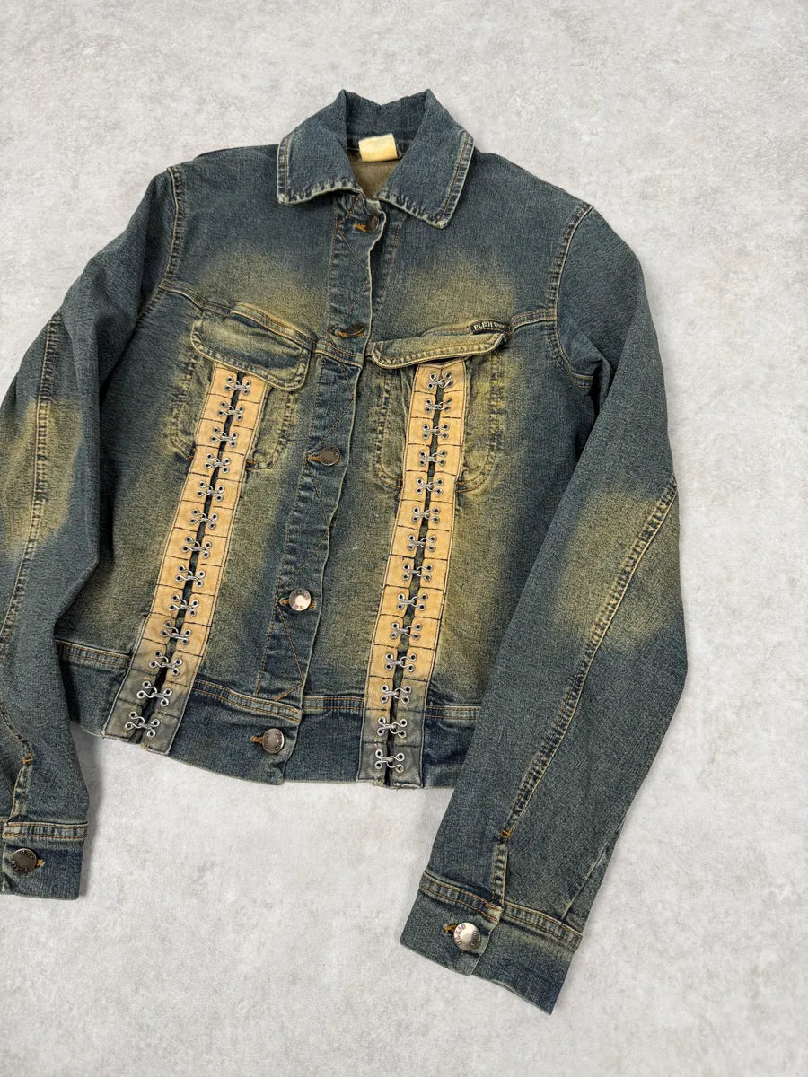 2000s Plein Sud Metal Hook Laced Raw Denim Jacket Sztdxpv 5