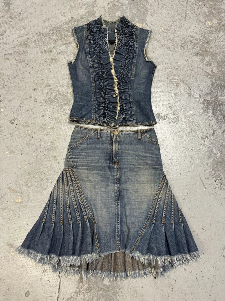 2000s Plein Sud Pleats Blue Denim Vest & Skirt Set hujkcCS 0