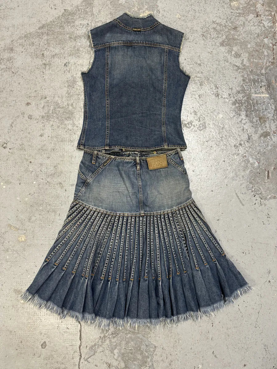 2000s Plein Sud Pleats Blue Denim Vest & Skirt Set hujkcCS 1