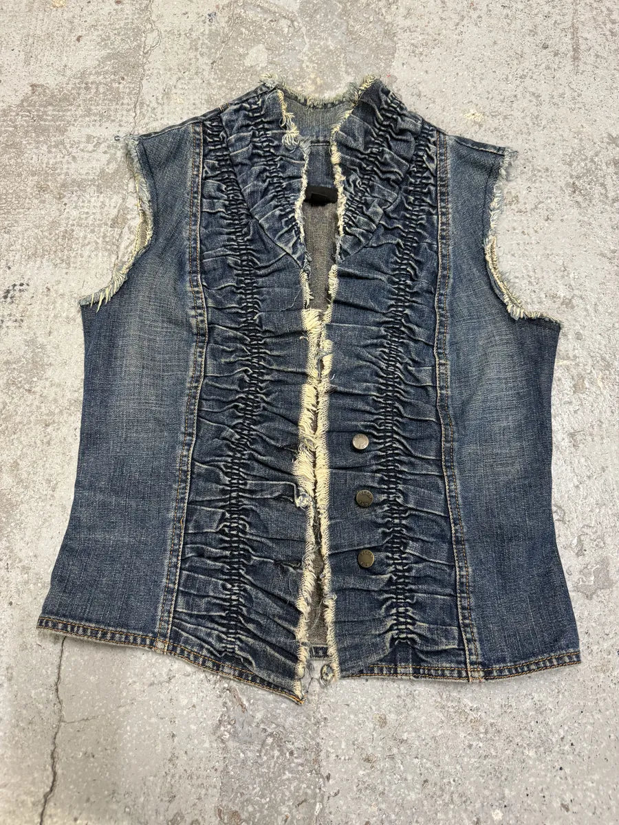 2000s Plein Sud Pleats Blue Denim Vest & Skirt Set hujkcCS 2