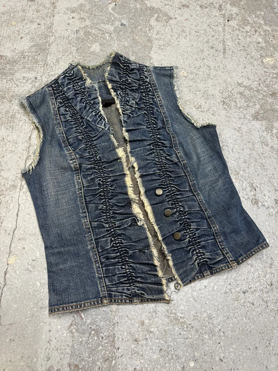 2000s Plein Sud Pleats Blue Denim Vest & Skirt Set hujkcCS 3