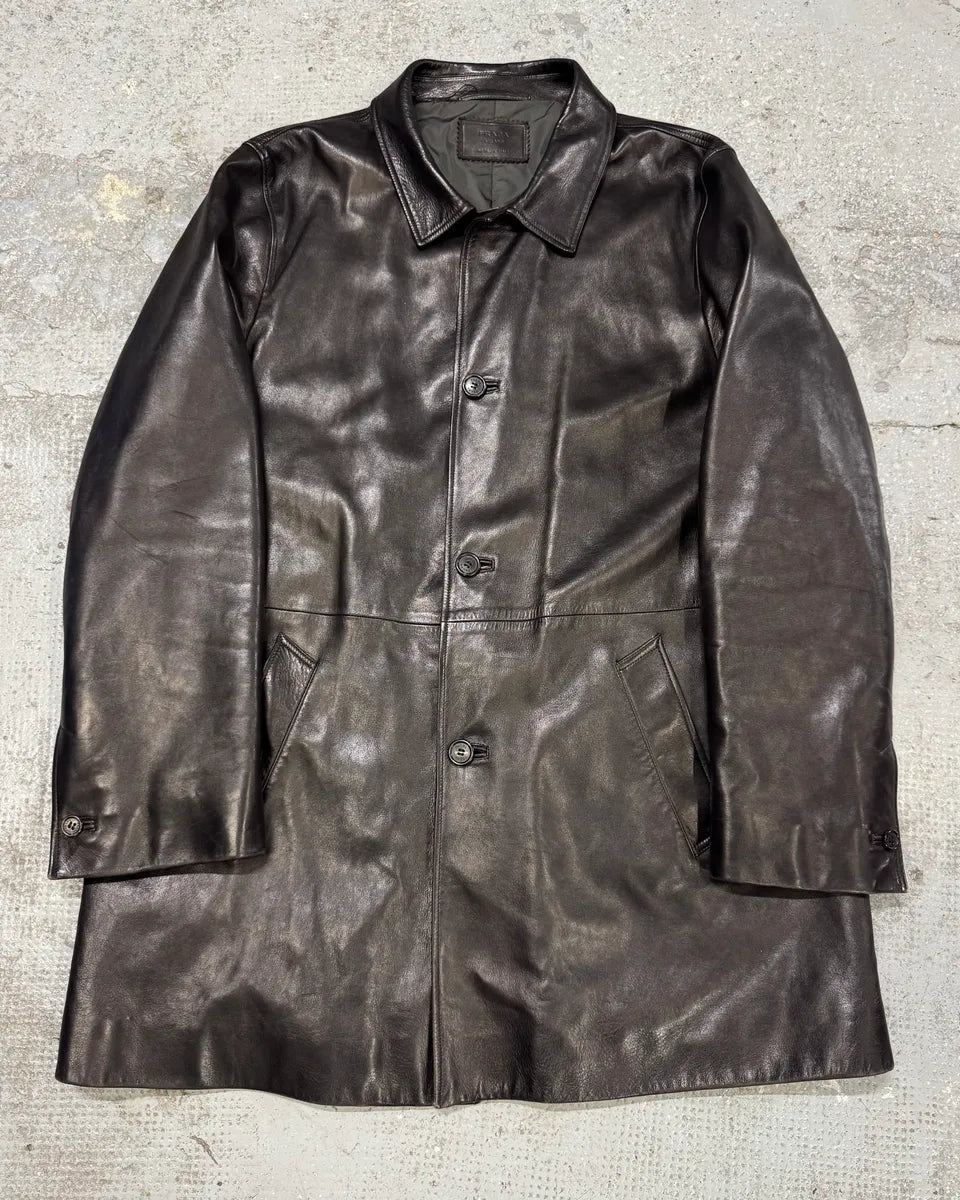 2000s Prada Adonis Hasselt Deep Brown Classy Long Leather Jacket (L/XL) bJOqvhD 0