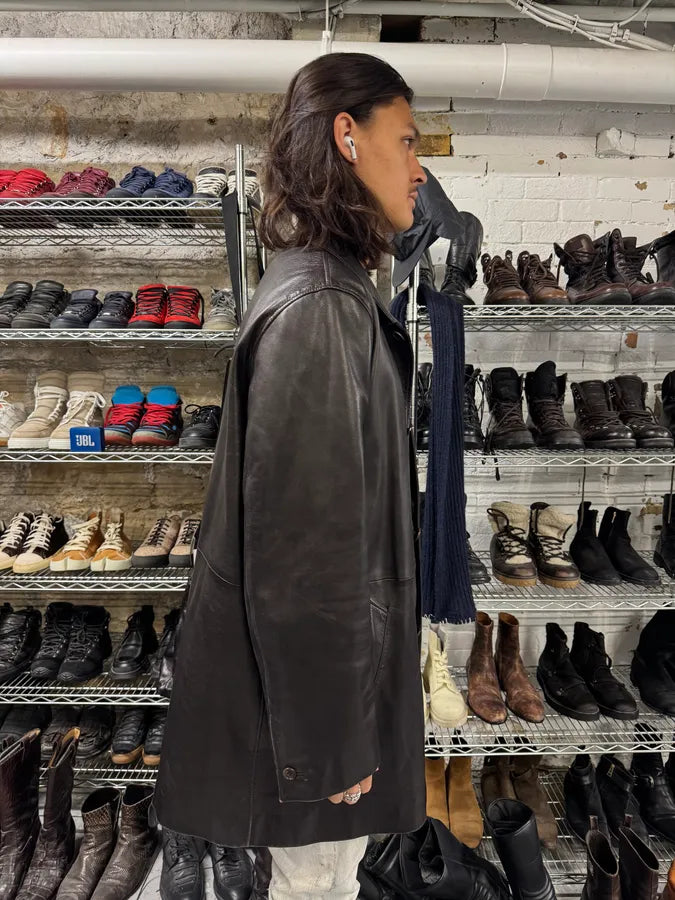 2000s Prada Adonis Hasselt Deep Brown Classy Long Leather Jacket (L/XL) bJOqvhD 1