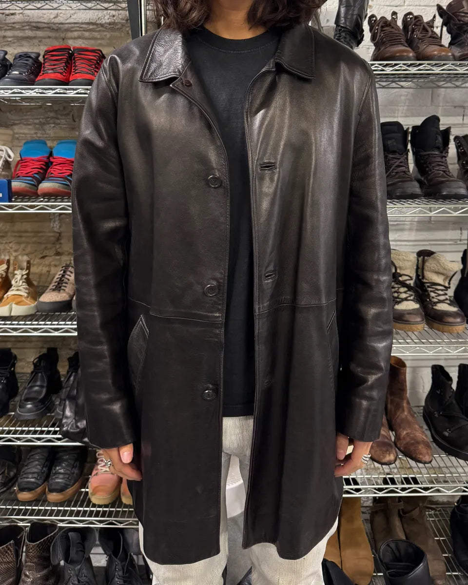 2000s Prada Adonis Hasselt Deep Brown Classy Long Leather Jacket (L/XL) bJOqvhD 2