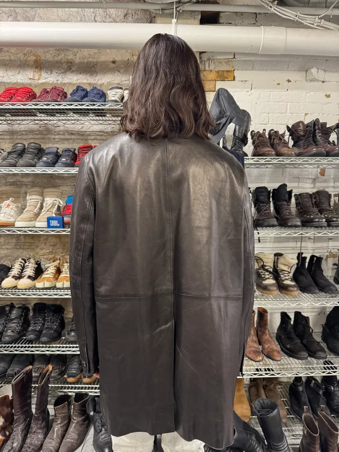 2000s Prada Adonis Hasselt Deep Brown Classy Long Leather Jacket (L/XL) bJOqvhD 3