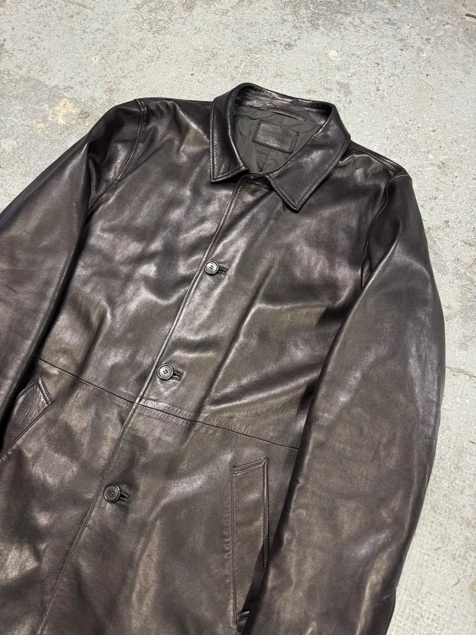 2000s Prada Adonis Hasselt Deep Brown Classy Long Leather Jacket (L/XL) bJOqvhD 4