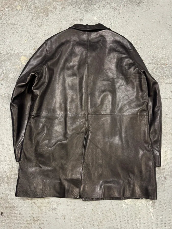2000s Prada Adonis Hasselt Deep Brown Classy Long Leather Jacket (L/XL) bJOqvhD 6