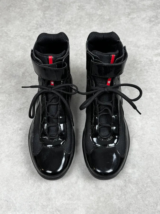2000s Prada America’s Cup Black Leather Strap High Sneakers GrpFpHt 1
