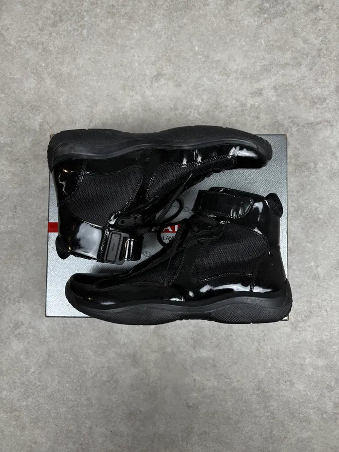 2000s Prada America’s Cup Black Leather Strap High Sneakers GrpFpHt 2