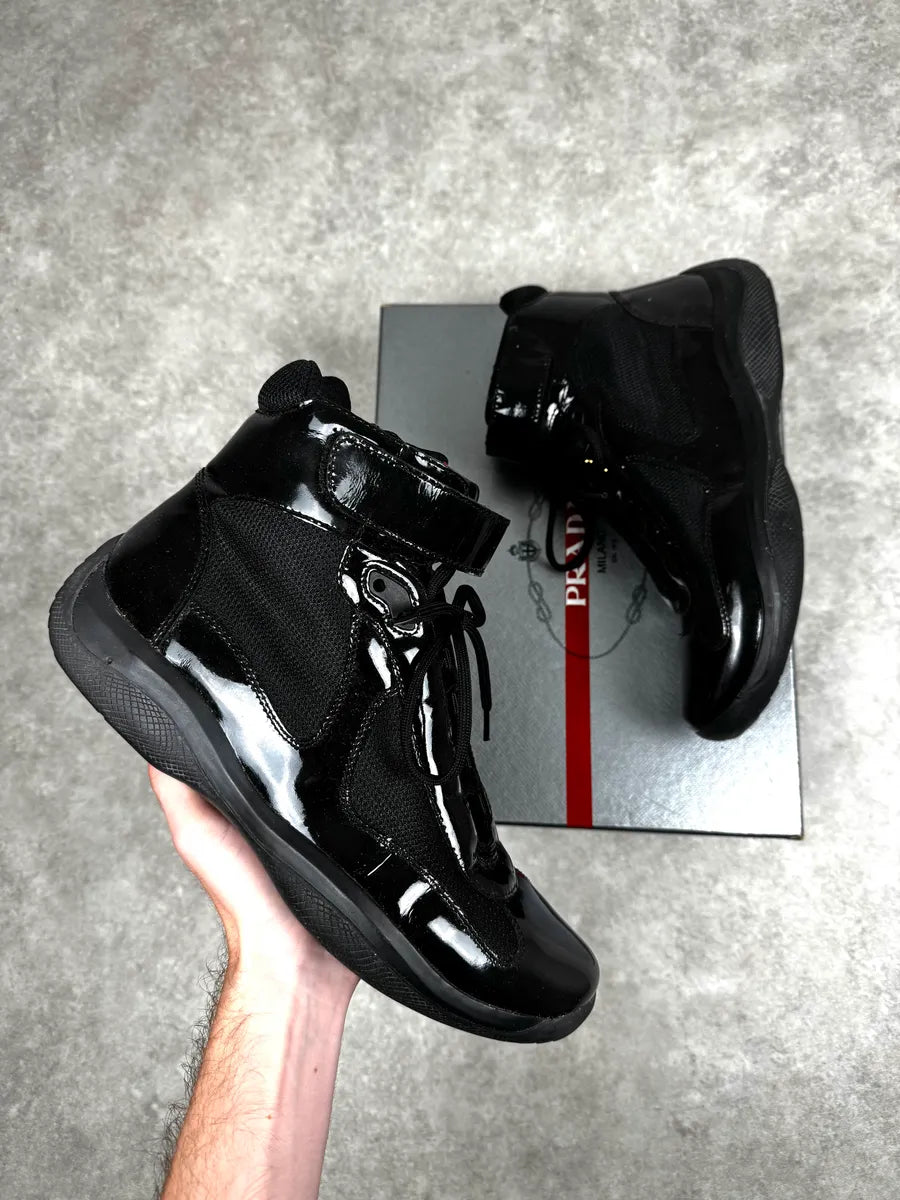 2000s Prada America’s Cup Black Leather Strap High Sneakers GrpFpHt 0