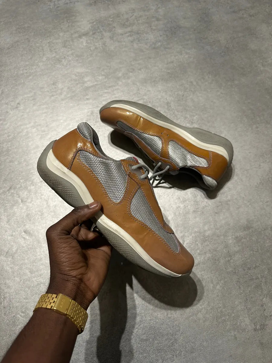 2000s Prada Americas Cup Light Brown Leather Sneakers UatkmVW 0