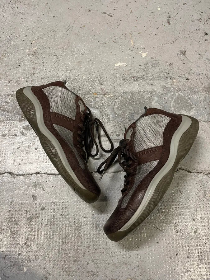 2000s Prada America’s Cups Brown Leather Hybrid Mid Sneakers OrjUfNc 1