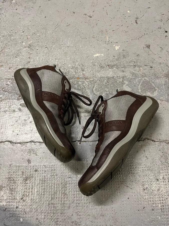 2000s Prada America’s Cups Brown Leather Hybrid Mid Sneakers OrjUfNc 2