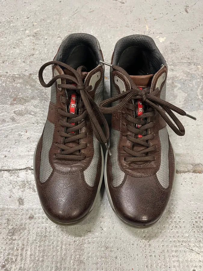 2000s Prada America’s Cups Brown Leather Hybrid Mid Sneakers OrjUfNc 3