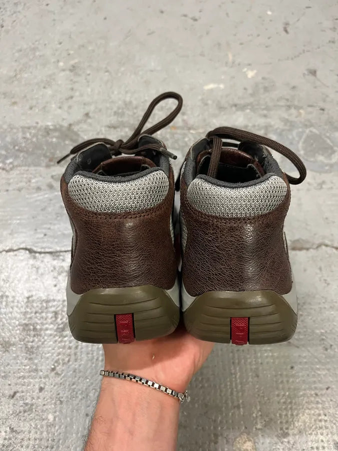 2000s Prada America’s Cups Brown Leather Hybrid Mid Sneakers OrjUfNc 4