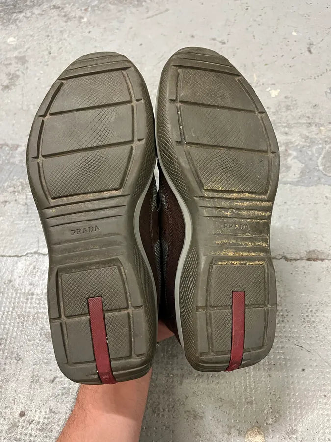 2000s Prada America’s Cups Brown Leather Hybrid Mid Sneakers OrjUfNc 5