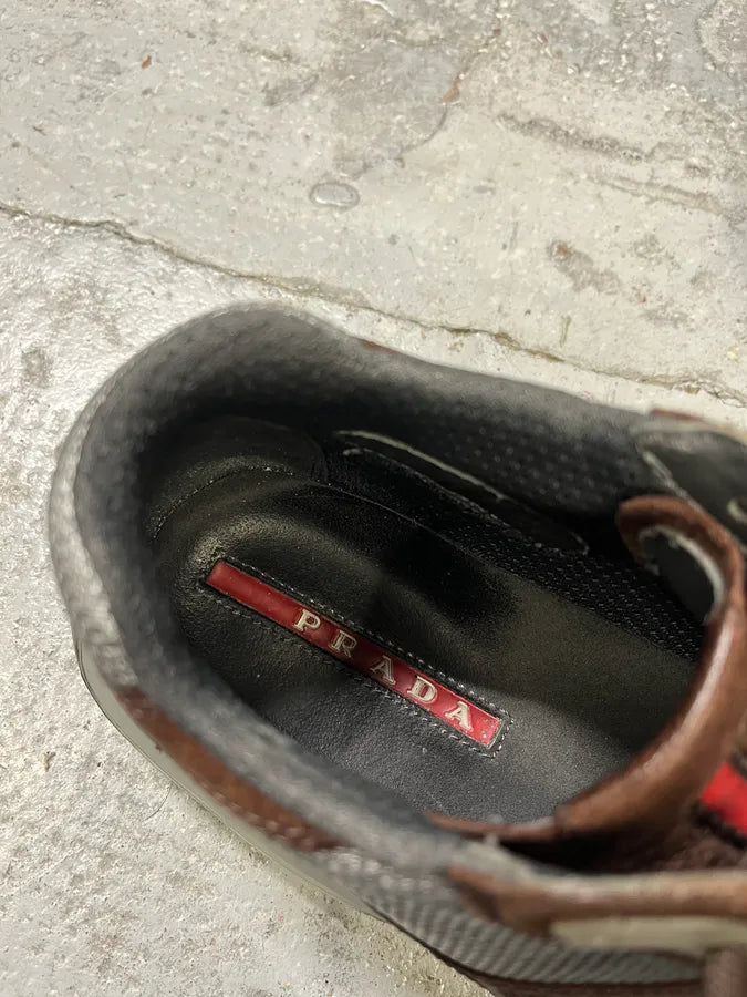 2000s Prada America’s Cups Brown Leather Hybrid Mid Sneakers OrjUfNc 6