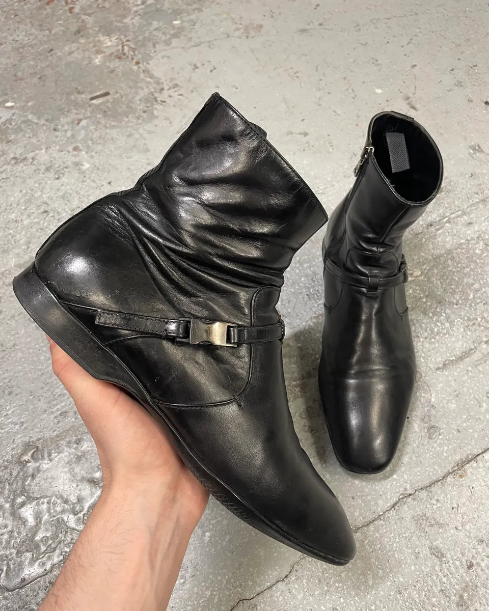 2000s Prada Ankle Black Strap Leather Boots (41.5eu/us8) JqewfLk 0