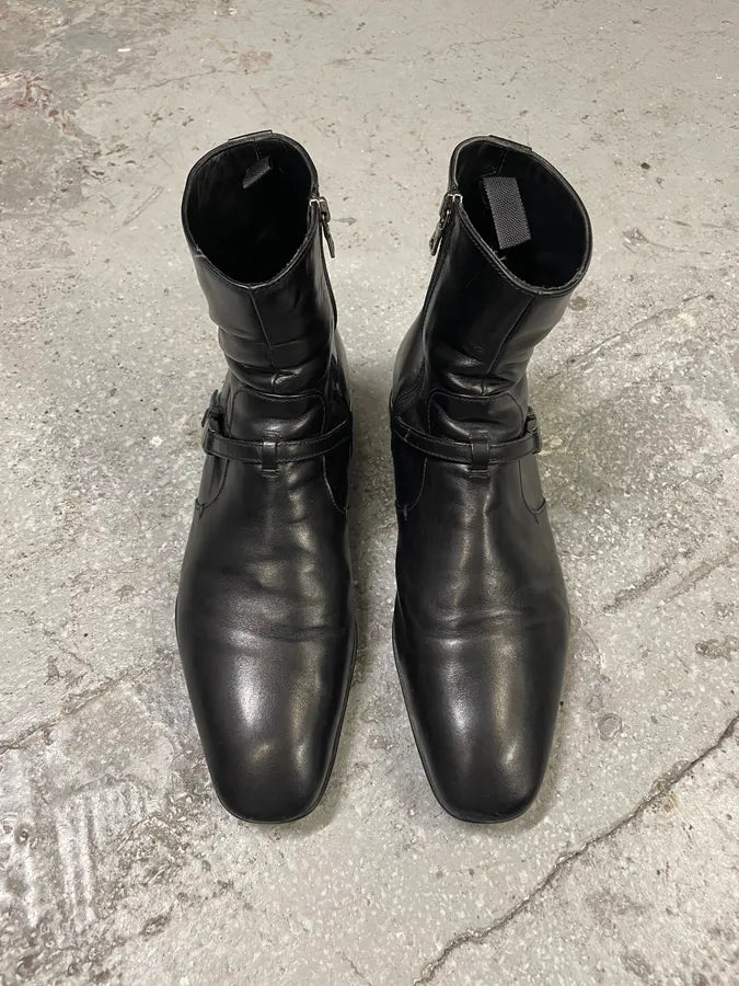 2000s Prada Ankle Black Strap Leather Boots (41.5eu/us8) JqewfLk 1
