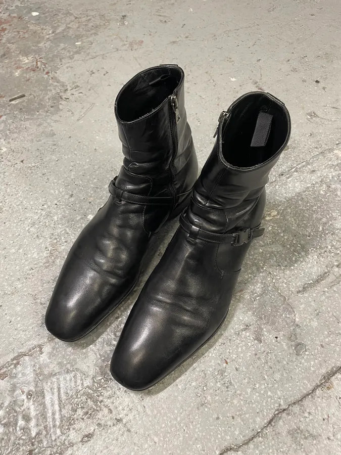 2000s Prada Ankle Black Strap Leather Boots (41.5eu/us8) JqewfLk 2