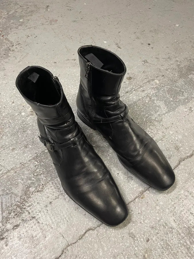 2000s Prada Ankle Black Strap Leather Boots (41.5eu/us8) JqewfLk 3