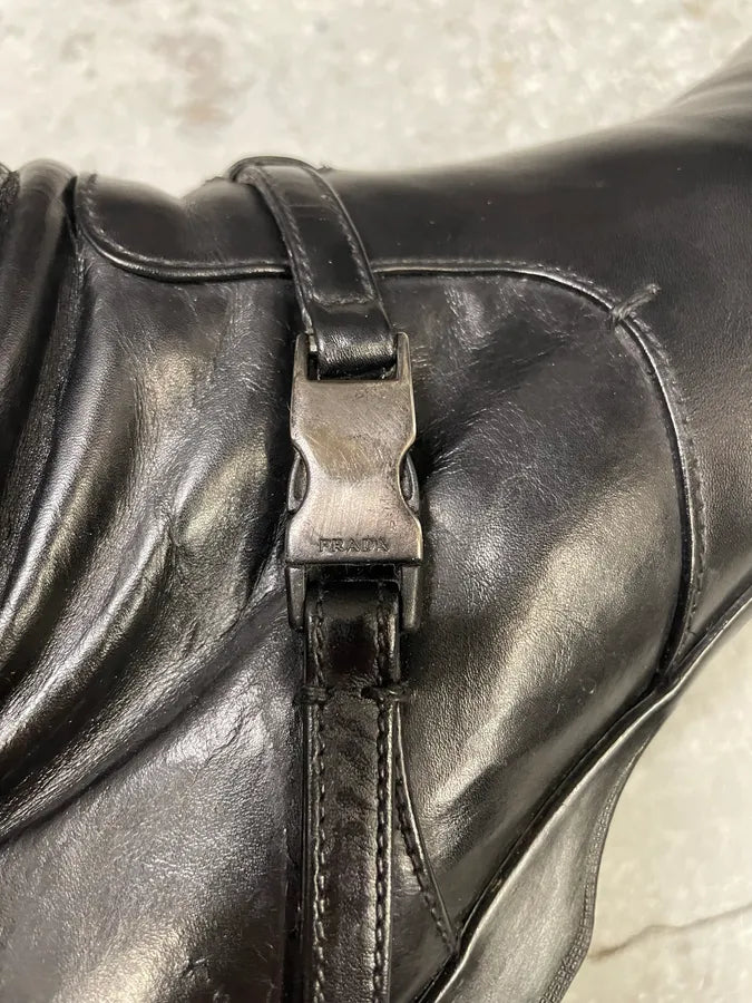 2000s Prada Ankle Black Strap Leather Boots (41.5eu/us8) JqewfLk 6