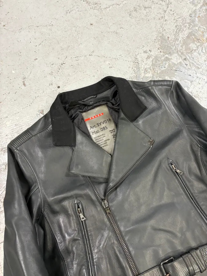 2000s Prada Asymmetrical Black Leather Jacket AfGhAgf 4