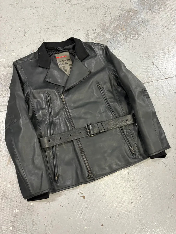 2000s Prada Asymmetrical Black Leather Jacket AfGhAgf 3