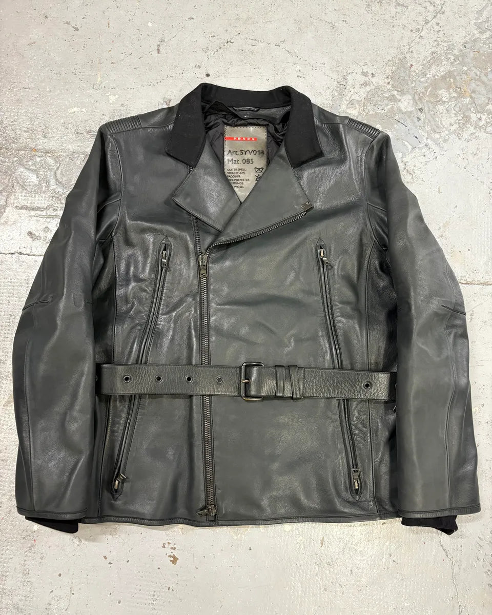 2000s Prada Asymmetrical Black Leather Jacket AfGhAgf 0