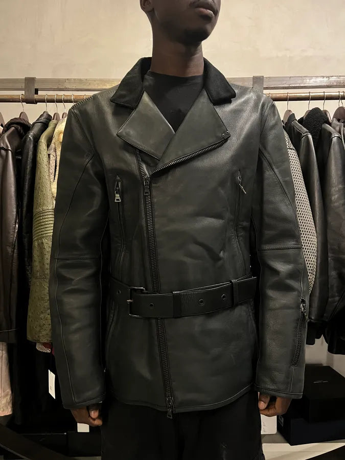 2000s Prada Asymmetrical Black Leather Jacket AfGhAgf 1