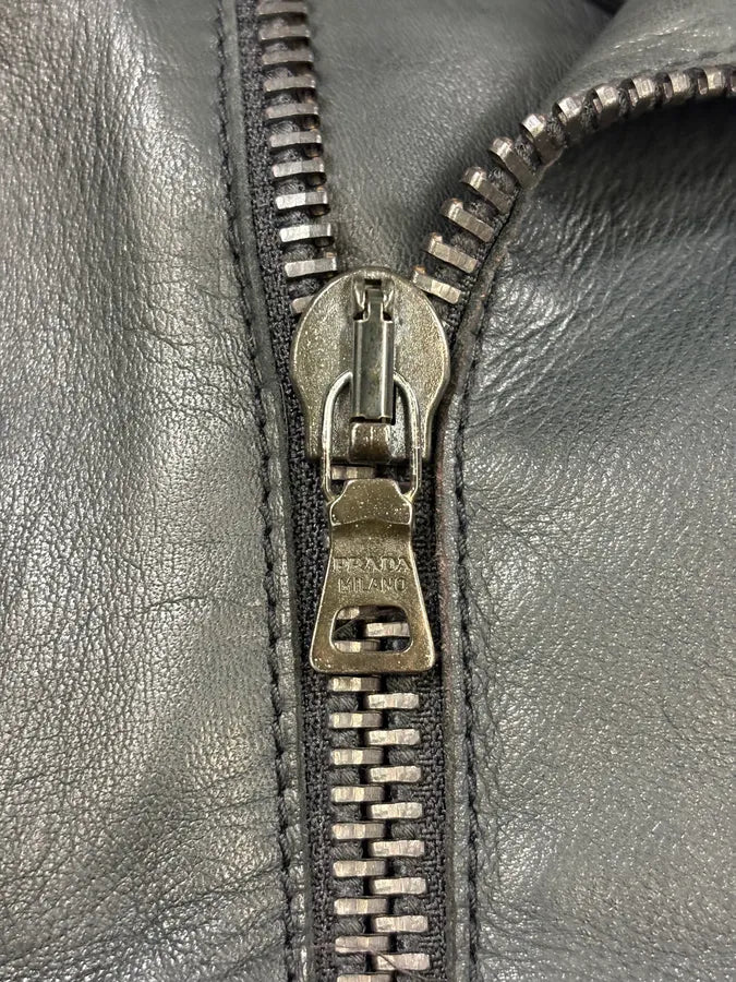 2000s Prada Asymmetrical Black Leather Jacket AfGhAgf 8