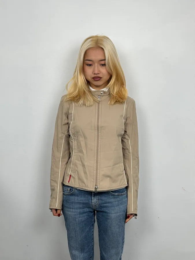 2000s Prada Beige Biker Nylon Jacket IUmpRJc 1