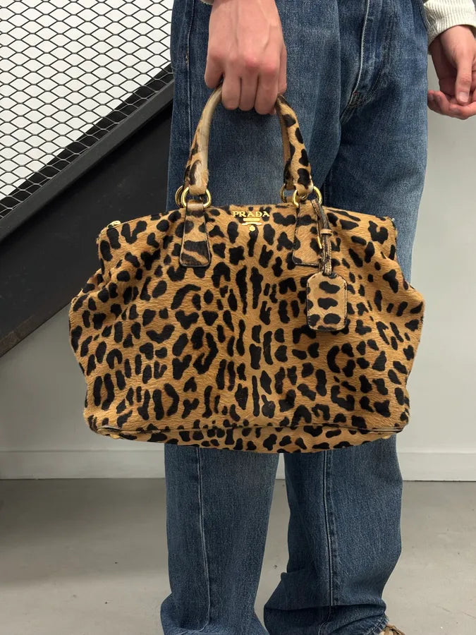 2000s Prada Beige Calf Hair Leopard Print Handle Bag coJQwrz 1