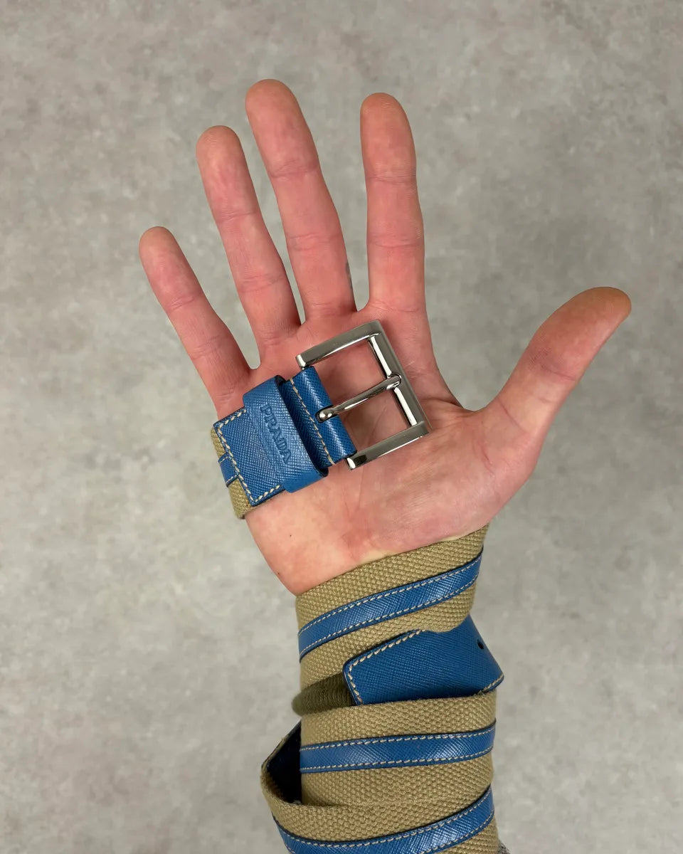 2000s Prada Beige Canvas & Blue Leather Belt oMjpEDJ 0