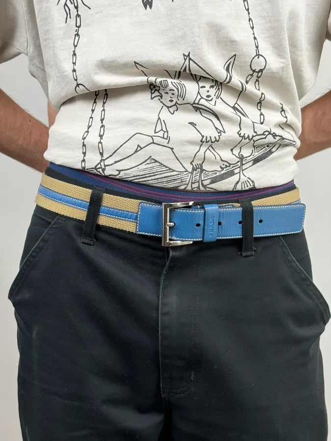 2000s Prada Beige Canvas & Blue Leather Belt oMjpEDJ 1