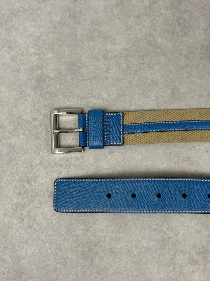 2000s Prada Beige Canvas & Blue Leather Belt oMjpEDJ 2