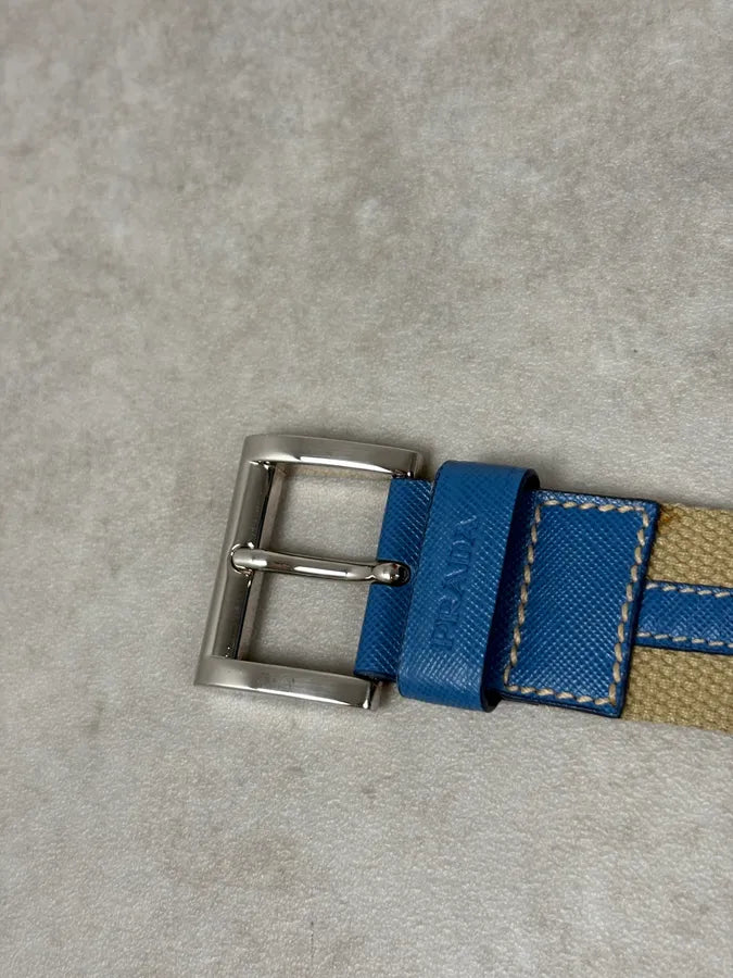 2000s Prada Beige Canvas & Blue Leather Belt oMjpEDJ 3