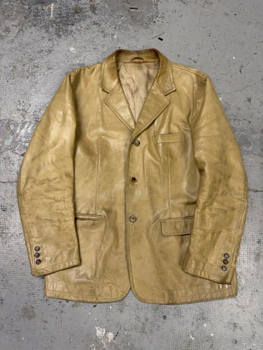 2000s Prada Beige Eroded Leather Blazer Jacket pGXZCnR 0