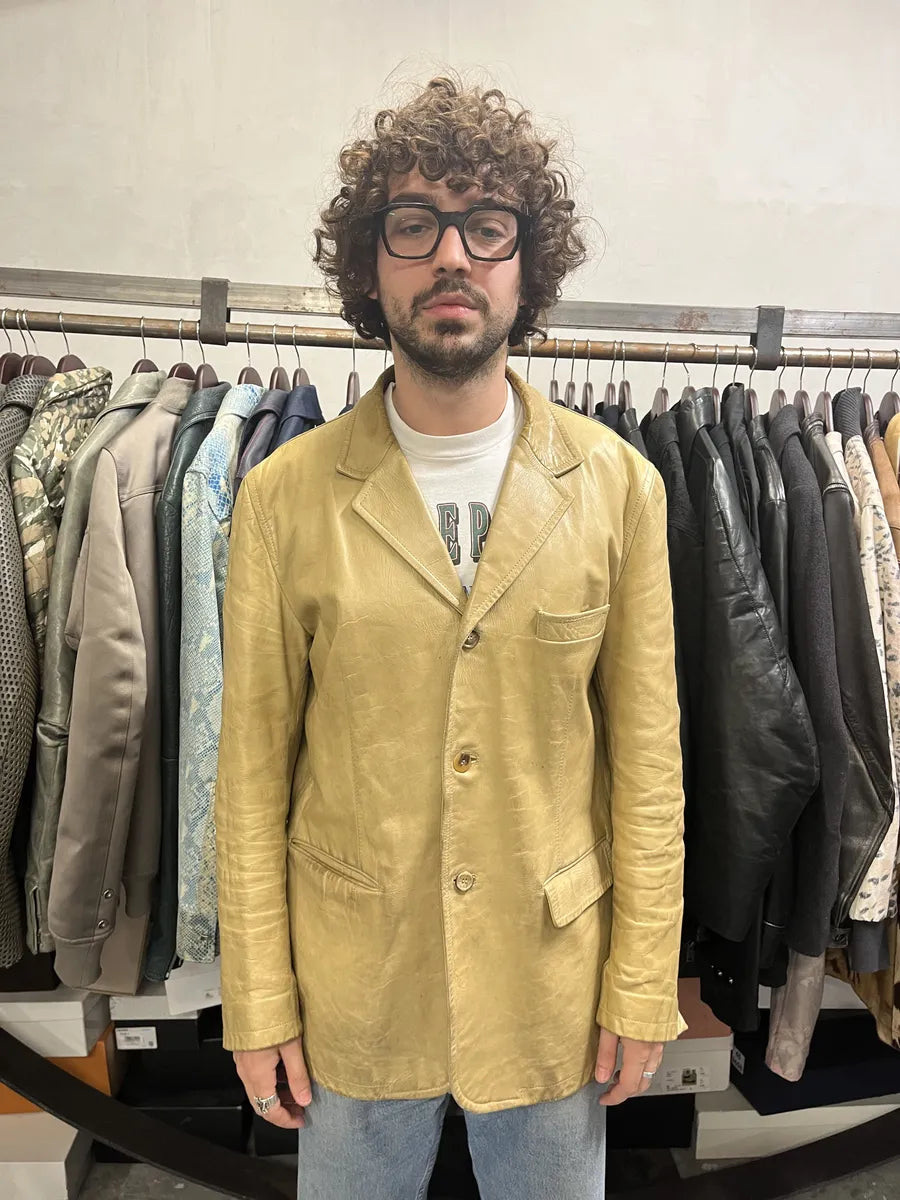 2000s Prada Beige Eroded Leather Blazer Jacket pGXZCnR 2