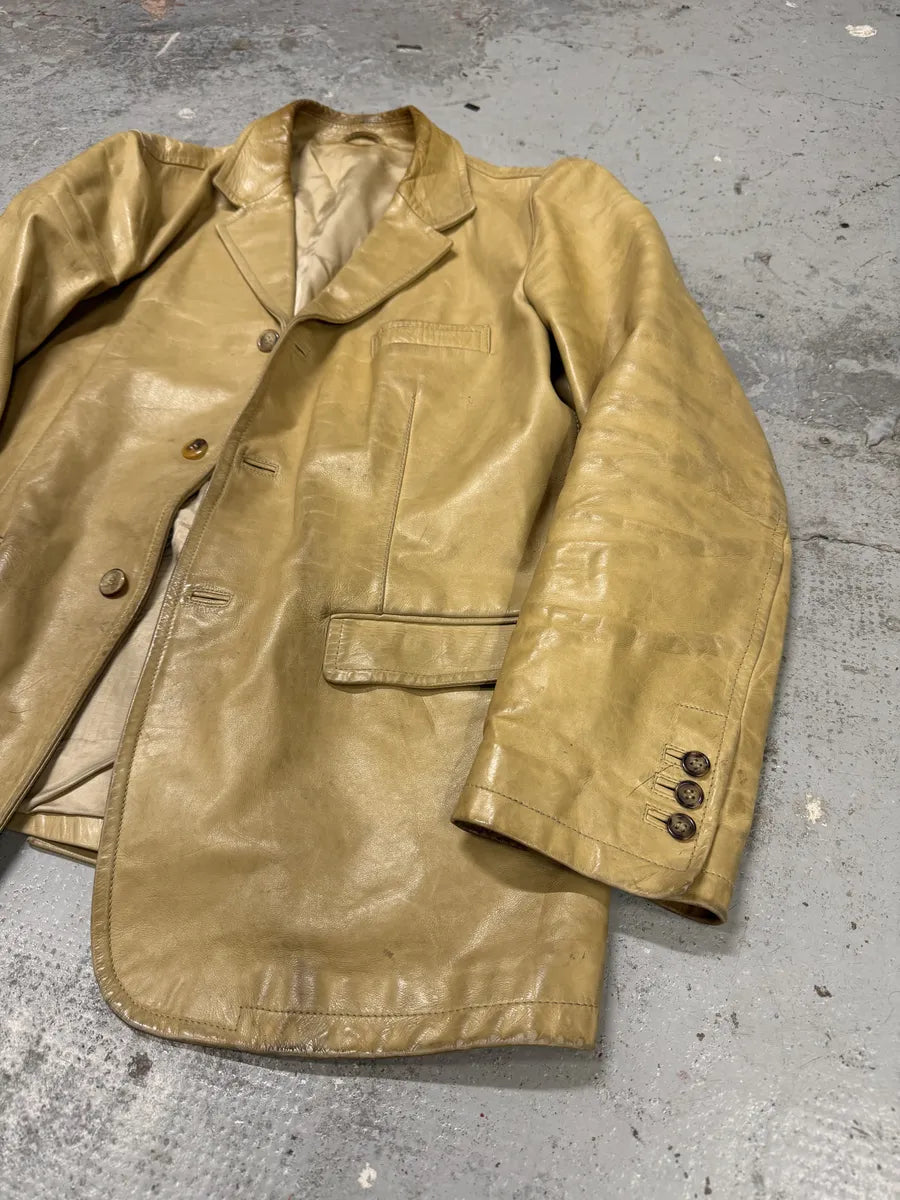 2000s Prada Beige Eroded Leather Blazer Jacket pGXZCnR 5