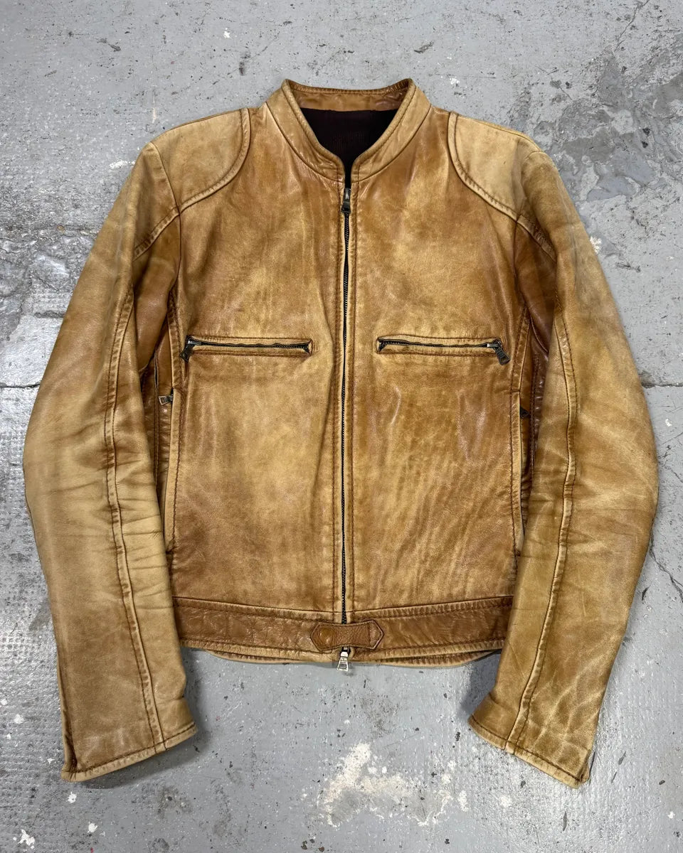 2000s Prada Biker Aged Brown Leather Jacket (M) Hlcreuf 0
